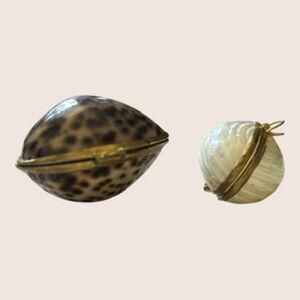 🐚 VTG MOTHER OF PEARL + TIGER COWRIE HINGED SHELL PILL TRINKET JEWELRY BOX SET